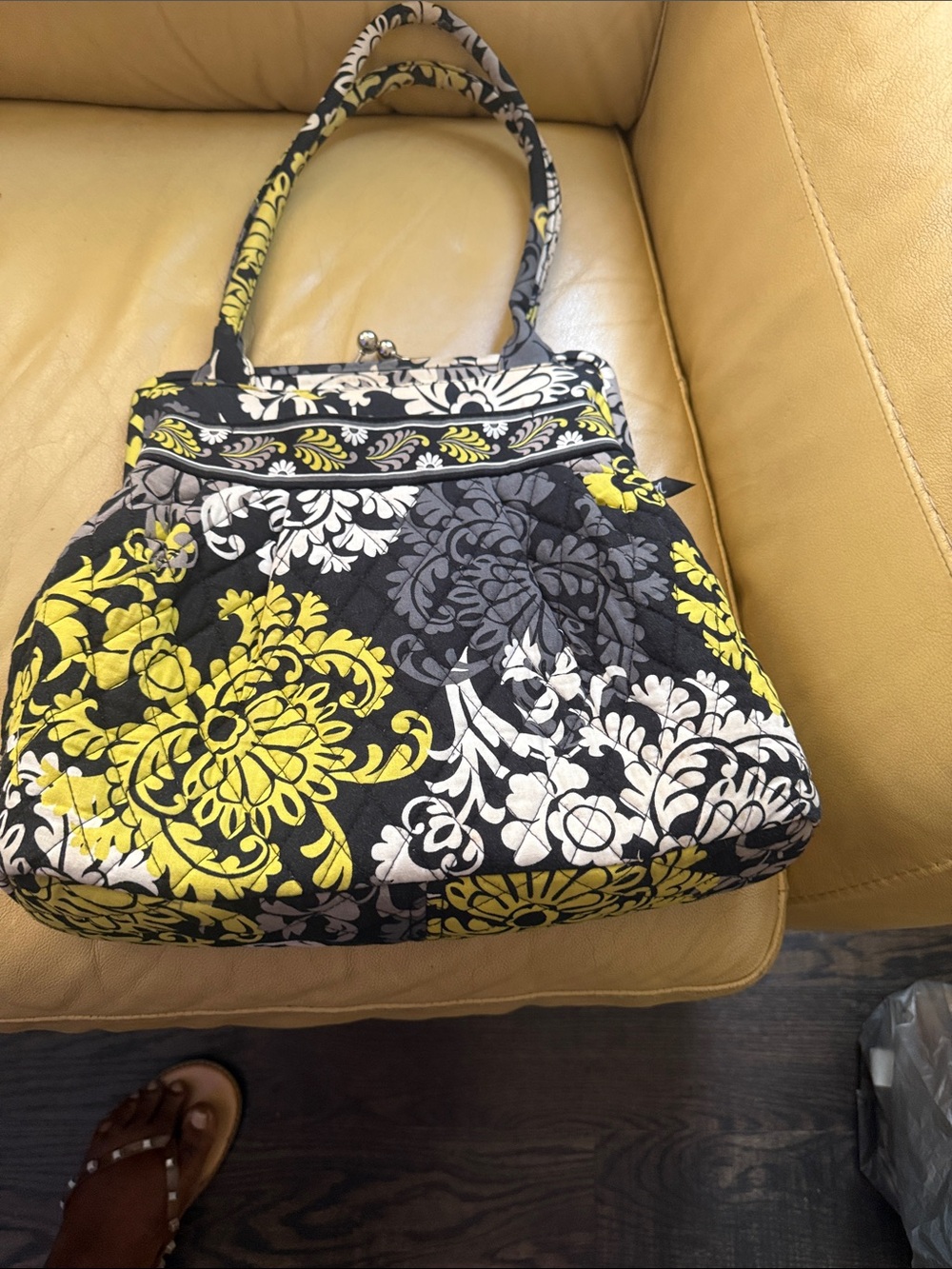 Vera Bradley Quilted Floral Frame-Top Tote in Black, Yellow & White
